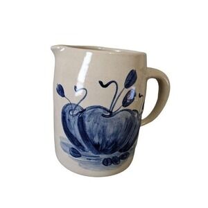 Vintage Salt Glaze Stoneware Pitcher Blue‎ Hand Painted Apple Farmhouse Creamer